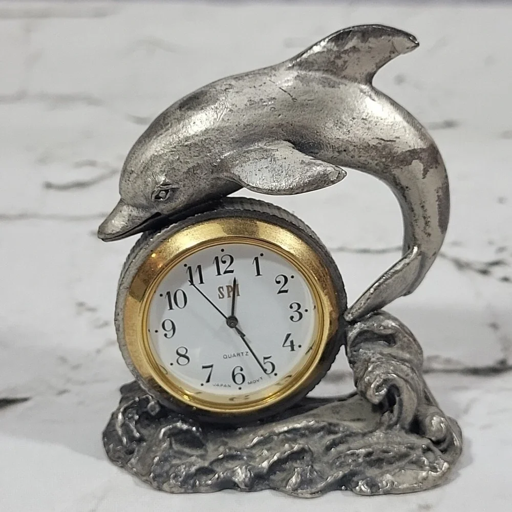 Vintage Pewter‎ Quartz Desk Clock Dolphin Figural Coastal Motif Flaw-Non Working
